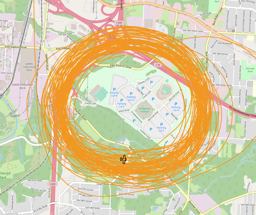 IsItUpOrDown's tweet photo. I zoomed in and counted 65 passes, by 'halftime'.✈️👀 #WingedVision #ADSBExchange #BUFvsKC https://t.co/ncoKpxZshw