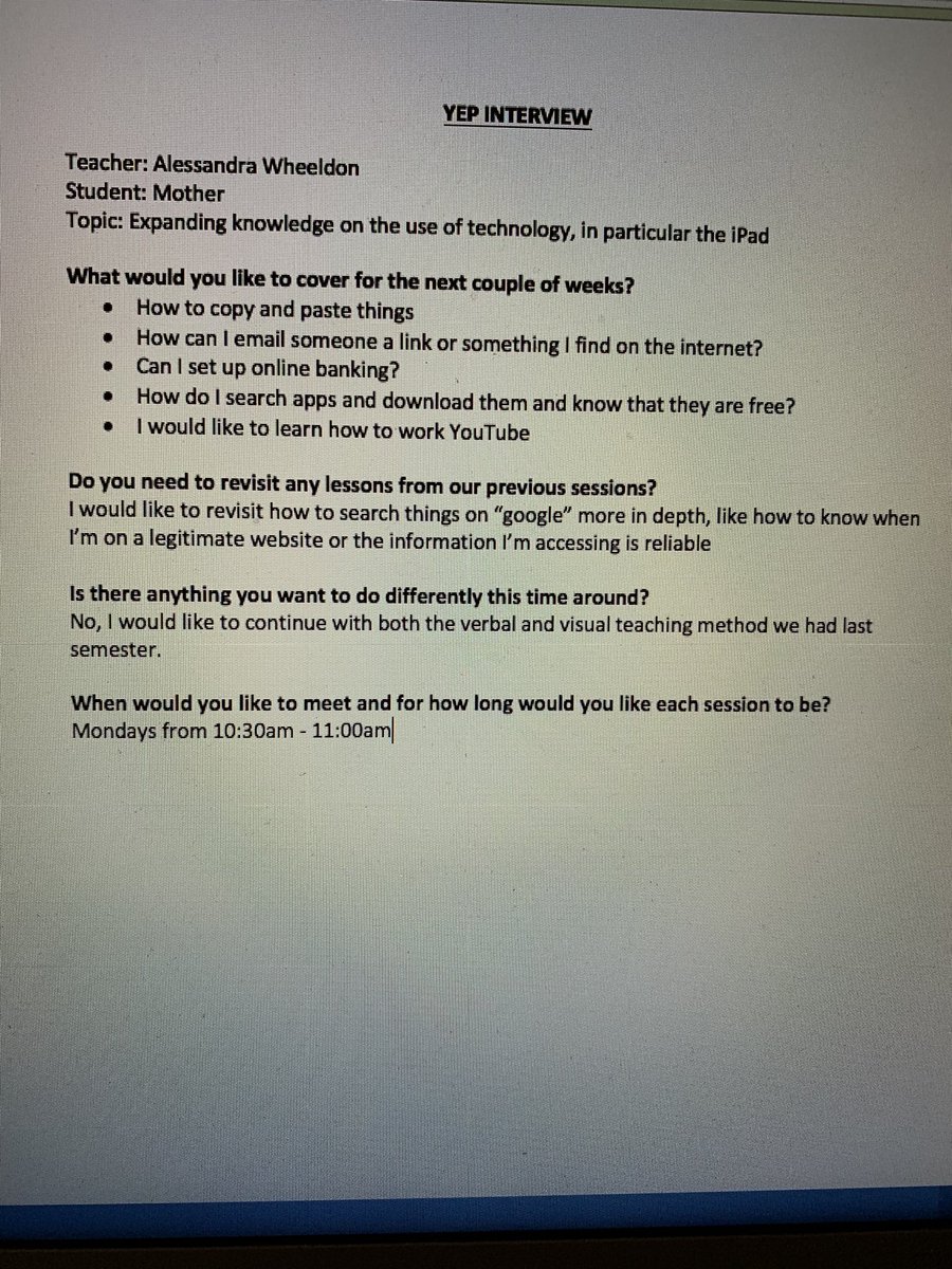 MissAWheeldon's tweet photo. To continue my teaching with my mother I thought it would be most effective to begin this semester off with a brief questionnaire to set goals and expectations my mother has for herself and I. #YEPeducation #LetsTeachAdults https://t.co/GMKqXbglz3