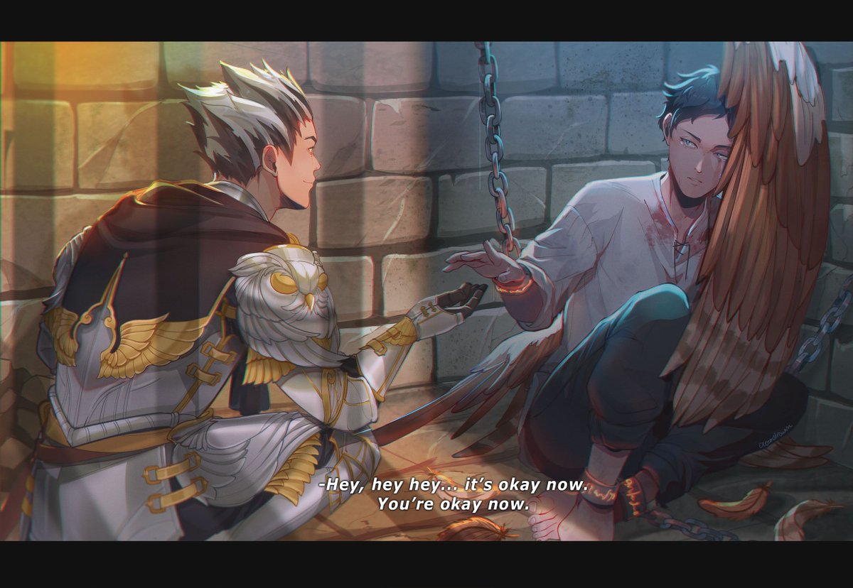 creemshouwn's tweet photo. "You probably don't understand me but ...take my hand? It's okay. You're safe now." 

And somehow he trusts him. 
#ハイキュー #haikyuufanart #イラスト #bokuaka #腐向けHQ #兎赤 https://t.co/XZCH0HKd1H