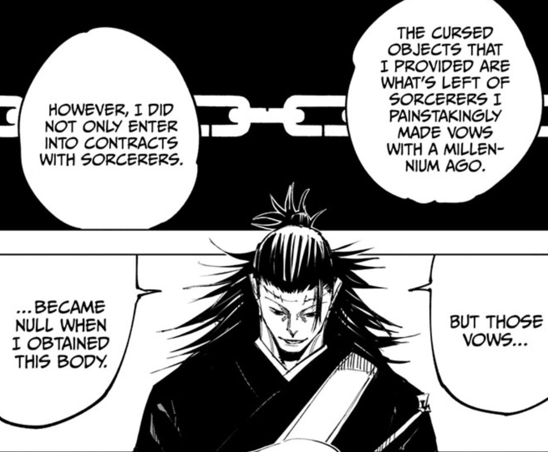 Constantly speaking of binding vows all series long because he was behind finessing & toosie sliding his way out of SEVERAL of them. Geto is literally the most meticulous character in this series so far