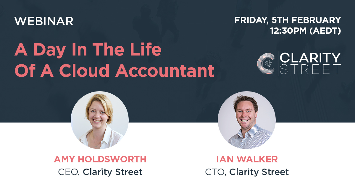 clarity_street's tweet photo. Join our webinar for a demonstration of the end to end client life cycle using cloud-based applications.
When? Friday, 5th Feb 2021, 12:30pm (AEDT)
Registration here: https://t.co/PxFuRAg9EB
#webinar #claritystreet #cloud #cloudaccountant #accounting #cloudapplications #xero https://t.co/QYJeVTZiJS