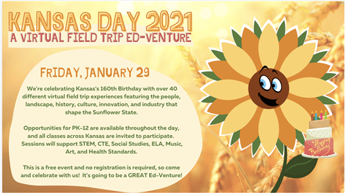 #WPSProud and #KSEdchat Super friends - Kansas turns 160, and we're celebrating with over 40 Virtual Field Trips across the Sunflower State. Opportunities for PK-12 are available throughout the day, and all classes across Kansas are invited to participate. bit.ly/KansasDay2021