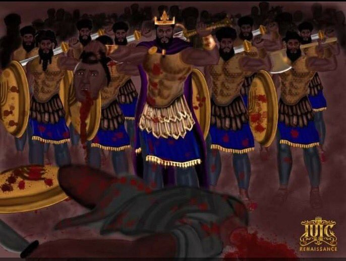 IUICOKC's tweet photo. #KingDavid played with Lions like they were Lambs, broke steel with his bare hands, and hacked off #Goliaths head with his own sword!! So it's only right that he rolled with THE MIGHTY MEN OF #ISRAEL!! #IuicRenaissance #BlackArt #BlackVisuals #2ndSamuel23 https://t.co/YgupRwtQbf