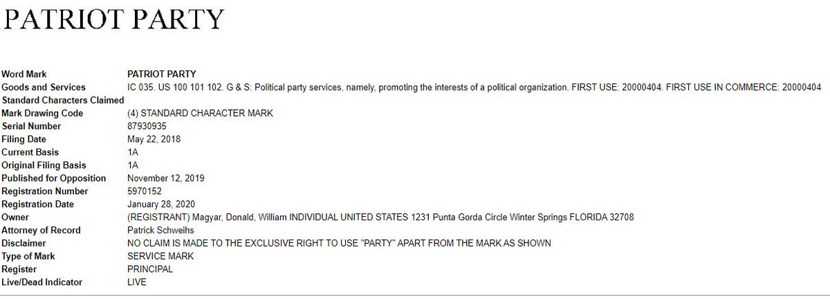 He also filed as IC0235 Political party services, namely, promoting the interests of a political organization, again 1A (alleging he was using it in commerce. BOTH filings were granted and registered on 1/28/20./8