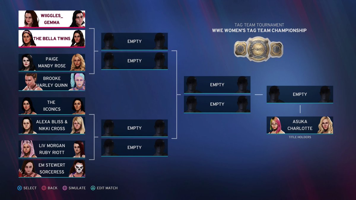 Day 1 of the WWE Women's Tag Team Tournament round one we have @Wiiggles_ / @beta_rage vs The Bella Twins, Paige/Mandy vs Brooke D/Harley Quinn, The IIconics vs Nikki/Alexa and The Riott Squad vs @MissCrazyEyes / @Sorceressscarem who will face the current Women's Tag Team Champs https://t.co/dVOa4BXfkZ