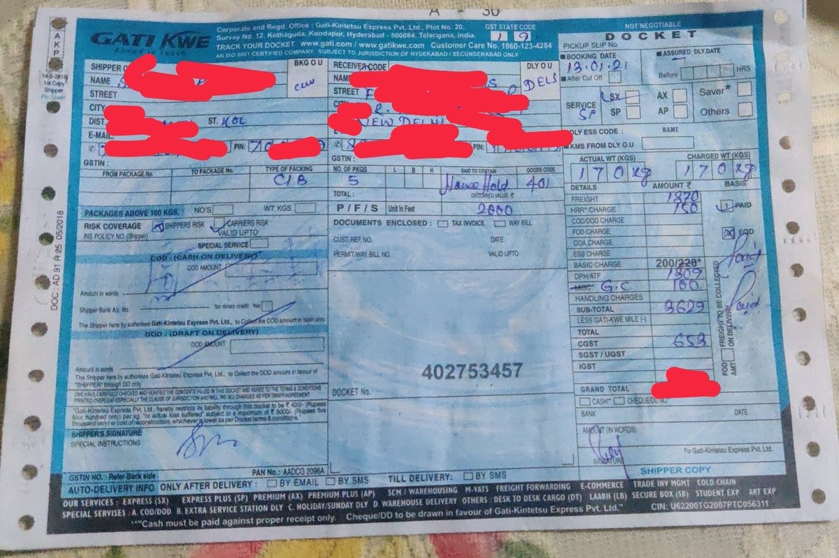 debolina06's tweet photo. @GATIKWEIndia @MahendrAgarwal #fraud #negligence Attachments show serious fraud by GATI. Shipment picked up on 13 Jan while website shows 20 Jan. Assured delivery date keeps on revising. Website shows 29 Jan while customer care says 27 Jan. Immediate delivery required (1/N) https://t.co/q5435LFRkq