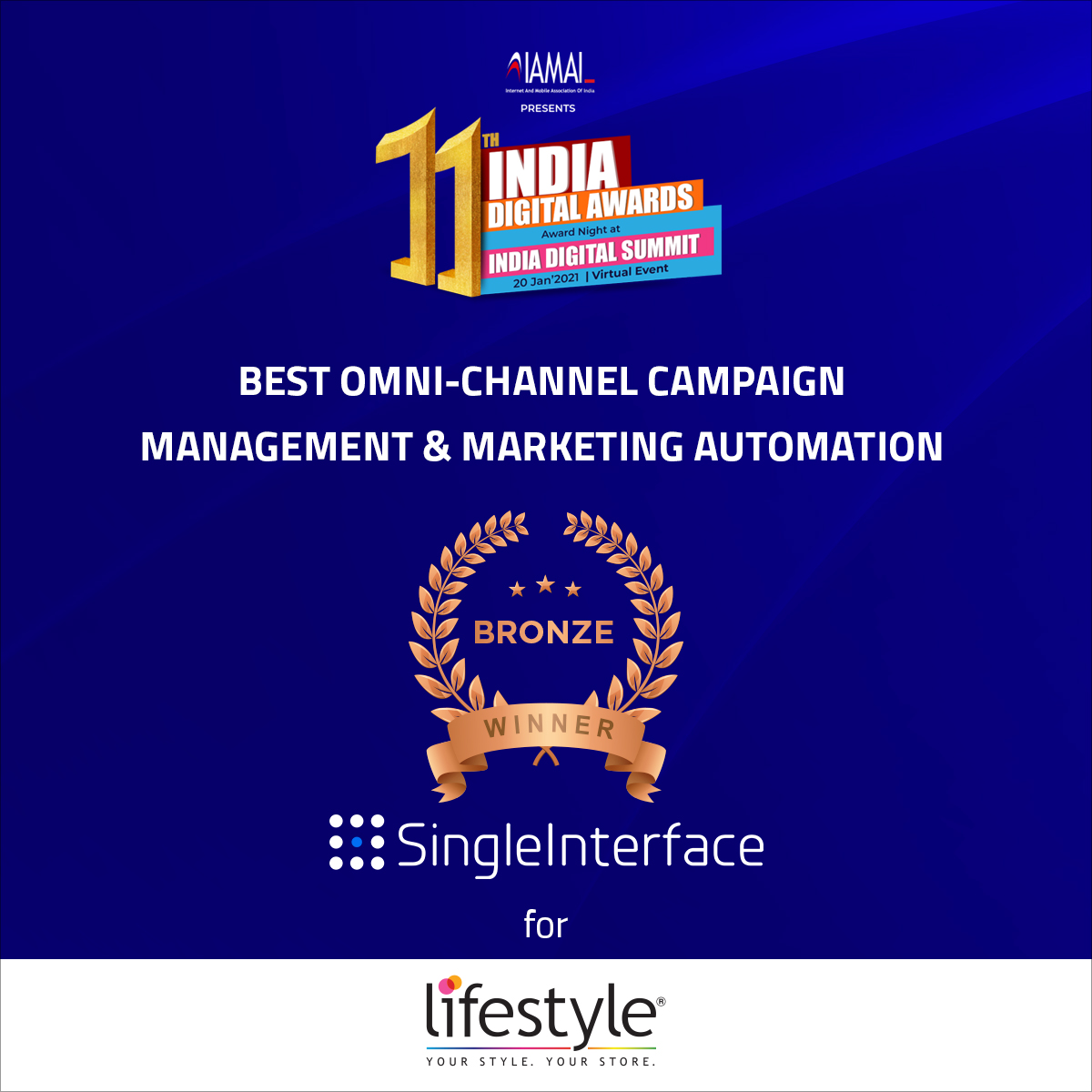 Singleinterface's tweet image. SingleInterface&apos;s hyperlocal product deployment for @Lifestyle_Store received the Bronze award for Best Omni-Channel Campaign Management &amp;amp; Marketing Automation at @IAMAIForum 11th India Digital Awards held recently.  
  
#hyperlocalmarketing #productdeployment #bronzewinner