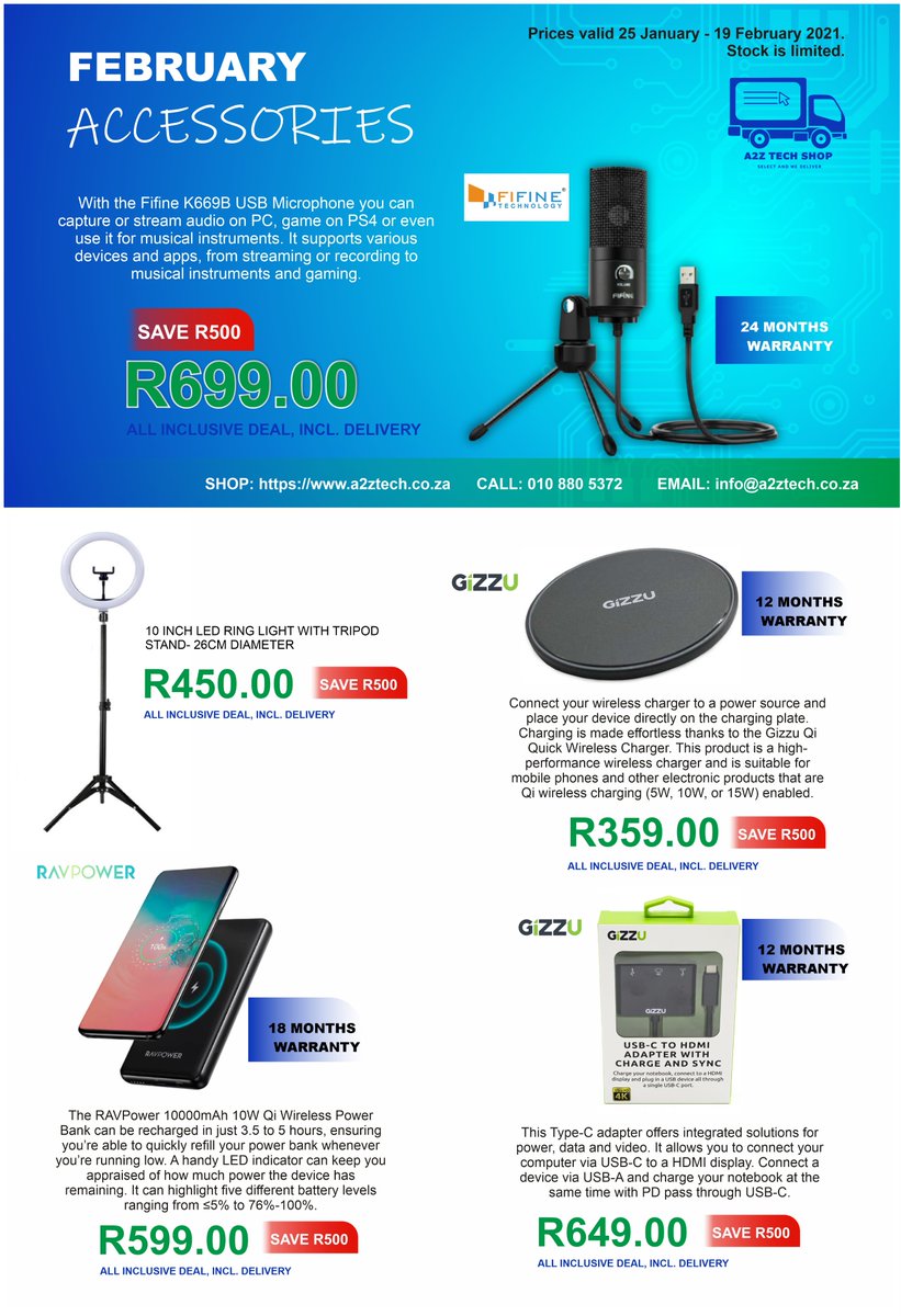 A2ZTECHSHOP1's tweet image. February 2021 Accessories catalogue. #a2ztechshop a2ztech.co.za Email: loyiso@a2ztech.co.za Tel: 0108805372 WhatsApp: 0794491381 Level 1 BBBEE Partner. #southafricans #fourways #FetchYourBody2021 #ravpower #gizzu #WearAMask