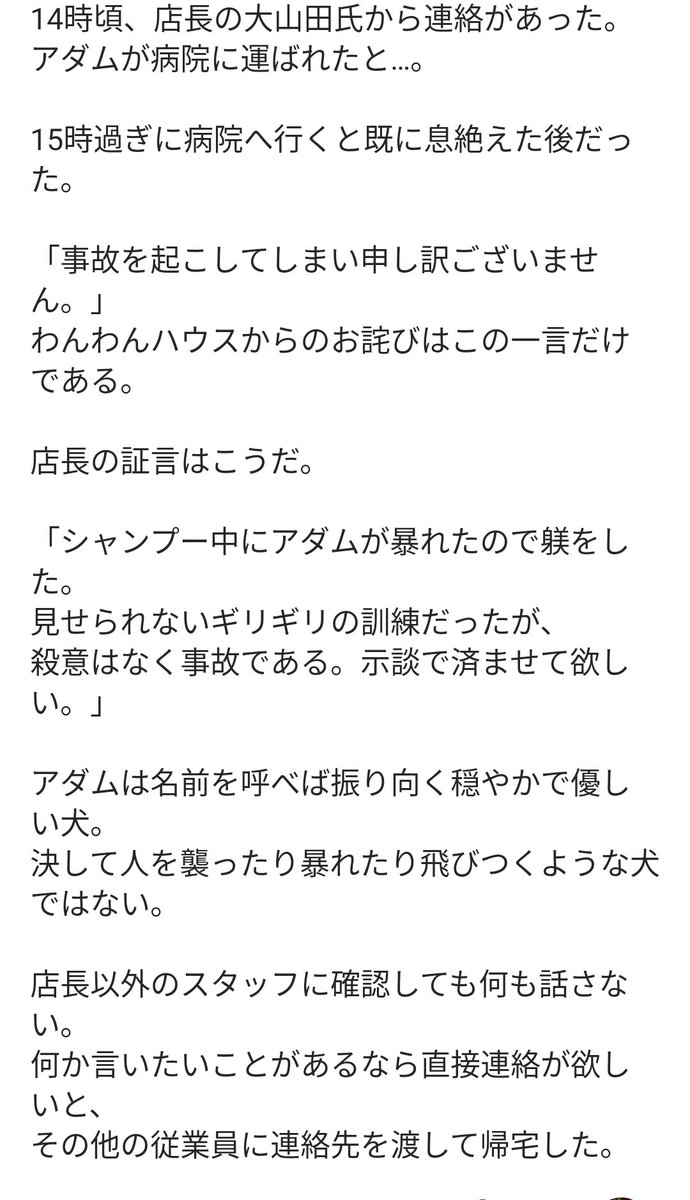 kumichik's tweet photo. お子様もいらして出張の多い飼い主様がいつものようにサロンに預けたら14:00頃電話が…病院に行くと息絶えたアダムくんが横たわっていた😭「シャンプー中暴れたので躾した.見せられないギリギリの訓練だったが殺意の無い事故なので示談にして欲しい」😡「見せられない訓練」それを虐待というのでは💢→ https://t.co/QUoMo4ePUq