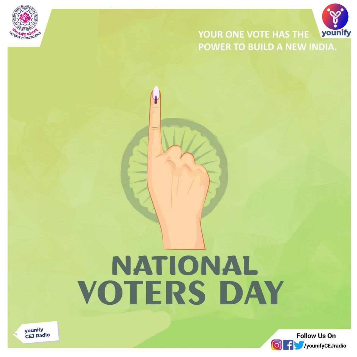younifyCEJradio's tweet photo. VOTE for Development, VOTE for Future and VOTE for Better India!
#NationalVotersDay2021 #NationalVotersDay #VotersDay #jntucej #younify #CEJradio #Campusradio https://t.co/JrPJ5Mt18j