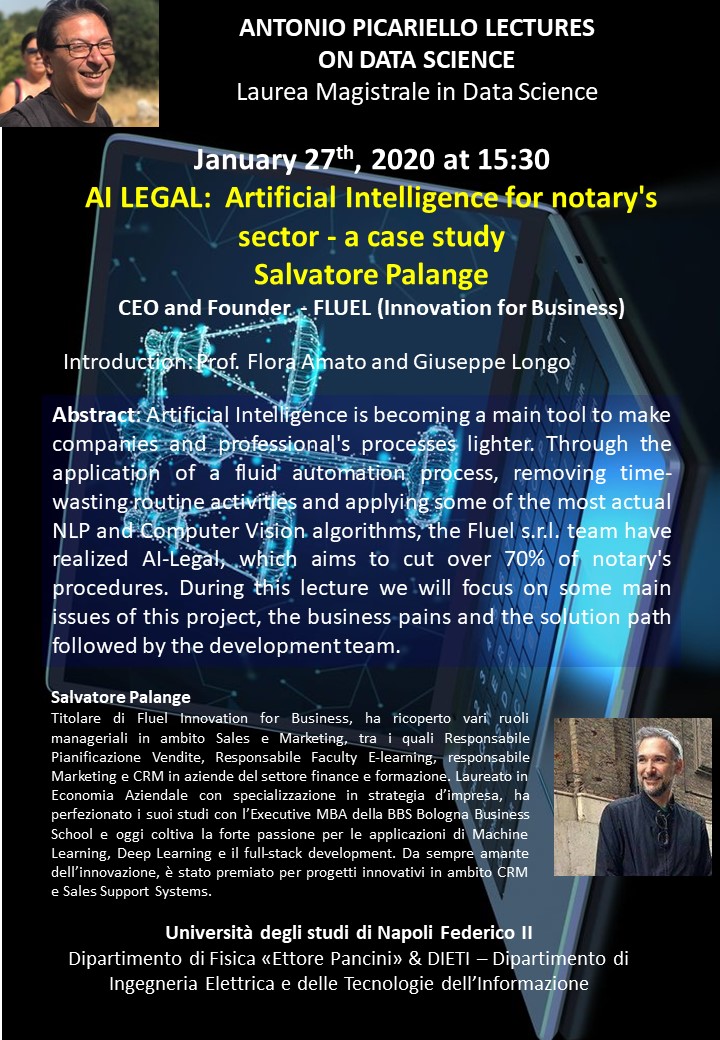 AI for Notary's activity. a Webinar (on TEAMS) by Salvatore Palange, CEO &amp; Founder FLUEL. To attend send a message to me. <a href="/UninaIT/">Unina Federico II</a> #DataScience #MachineLearning <a href="/giorgioventre/">Giorgio Ventre</a>