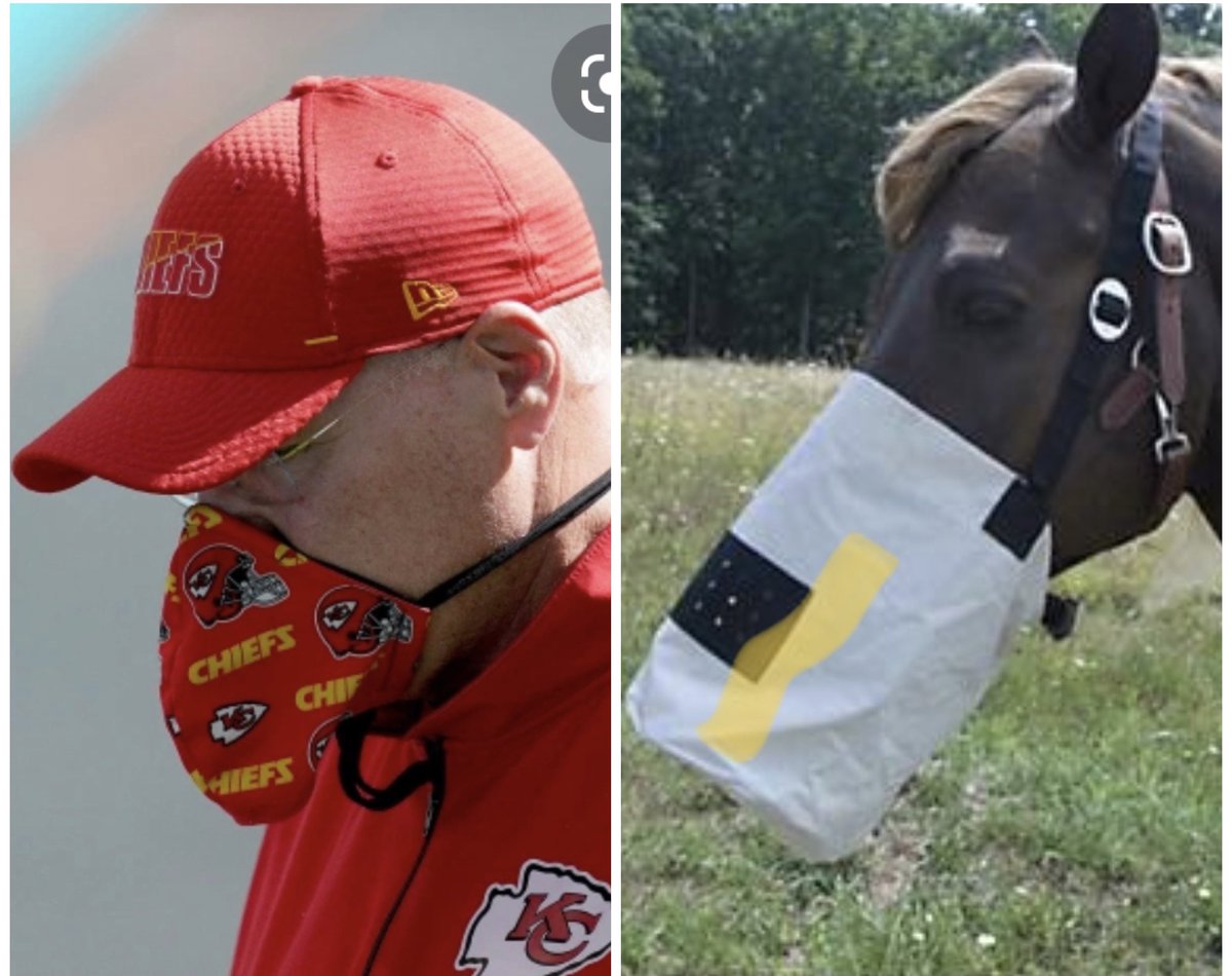 clarepedia's tweet photo. I couldn’t figure out why Andy Reid was wearing such an ill-fitting mask but now I realized he’s a genius! It doubles as a feedbag so he can have snacks during the game! #ihatebeinghungry #AFCchampions ⁦@NFL⁩ ⁦@ESPNNFL⁩ ⁦@NFLonCBS⁩ https://t.co/pwp02sGS6z