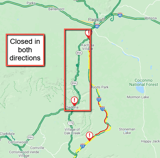 ArizonaDOT's tweet image. *CLOSURE* *PLEASE SHARE*

State Route 89A is closed in both directions between Sedona and Flagstaff.

The closure is due to the winter storm.

We are urging motorists to delay travel until the storm passes.

There is no estimated time to reopen the highway.

#aztraffic #SR89A