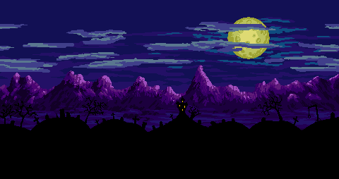 HopSquash! "Haunted House" background got a much needed make-over: garish colours, cheap gradients and ugly smudgy clouds have been replaced with a more consistent palette, fog details, and shading details using only a few colours, 16 bit style. #pixelart #gamedev #indiegame