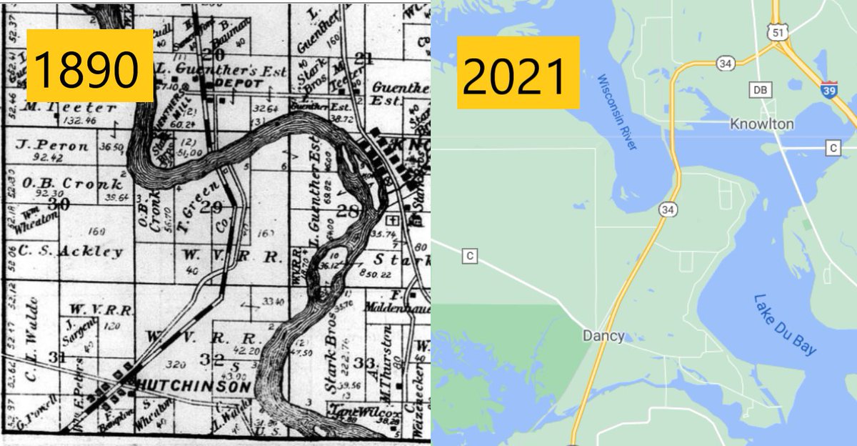 Halfway between Stevens Point and Wausau, Dancy (a tiny town on the south side of Lake Du Bay) was an up-and-coming lumber town named Hutchinson in the late 1800s with a lumber mill, planing mill, and a depot on the Chicago Northwestern railroad. 1/11