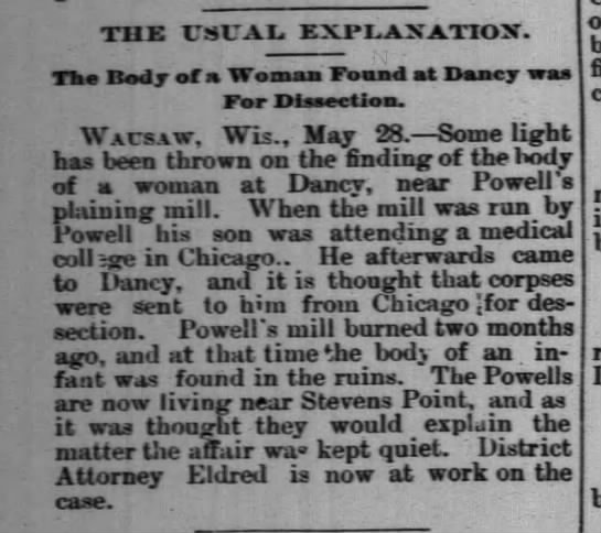 It turns out that the body was intended for Roscoe Powell, sent to him, likely via the railroad, from the medical school where he trained in Chicago. 4/11