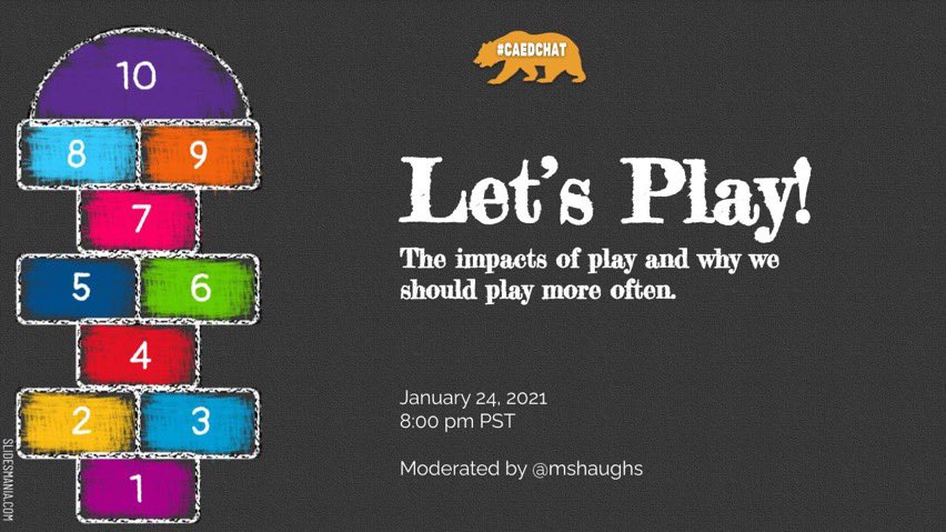 Inviting participants from #bcedchat #wyoedchat #oklaed #txeduchat #EDthink #ccsschat #hsADchat and more to join us at #CAEDCHAT now to talk about #play and #GSPD2021!!