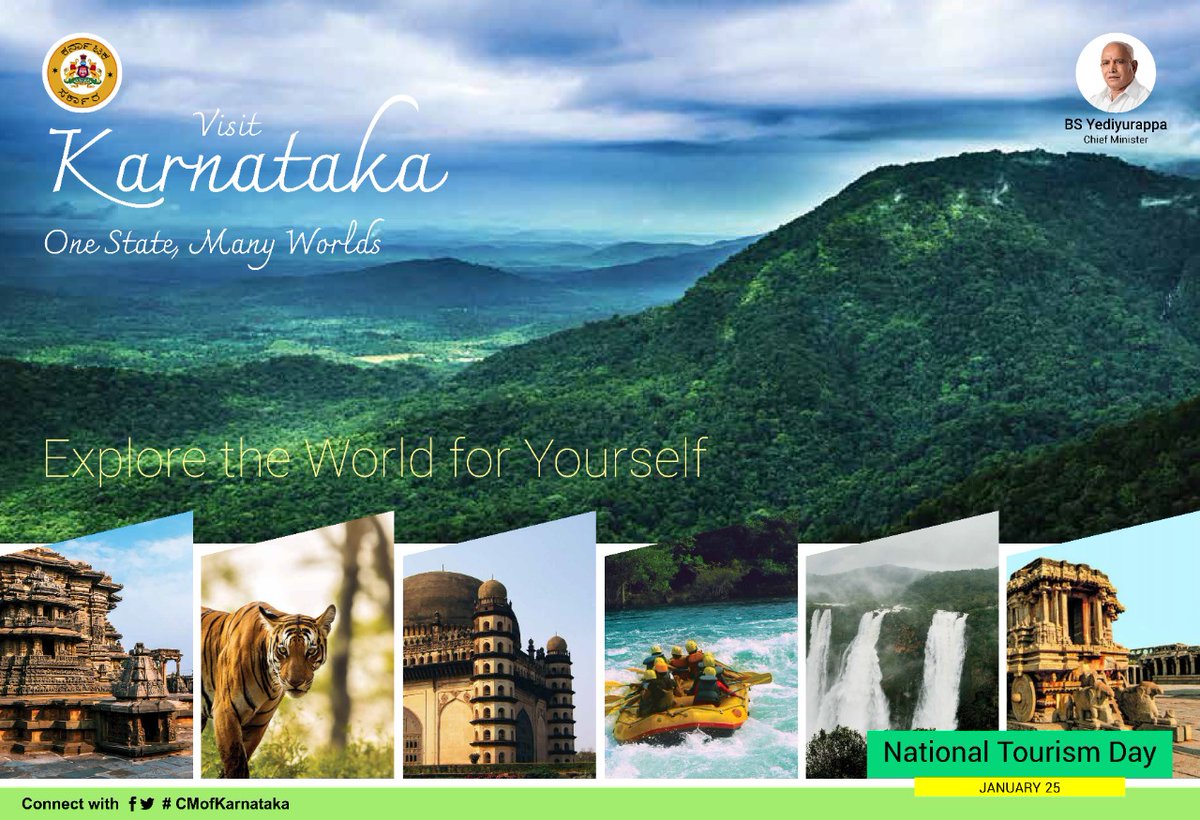 CMofKarnataka's tweet photo. Greetings to everyone on #NationalTourismDay. Karnataka is a land blessed with culture, heritage, grandeur spirituality, and more. Do visit Karnataka and experience the various hues.
#IncredibleIndia #IncredibleKarnataka https://t.co/IPI5EycMeO