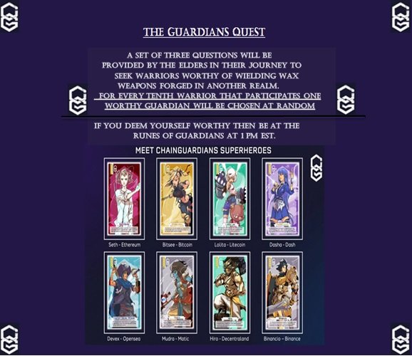 WinnaarJonathan's tweet photo. A set of three questions will be provided by the elders in their journey to seek warriors worthy of welding wax weapons forged in another realm for every tenth warrior that participates one guardian will be chosen at random. @ChainGuardians #Chain_Guardians https://t.co/Hjf2FhrUSE