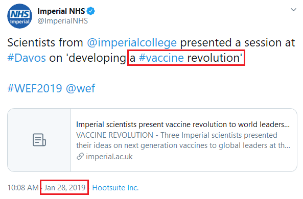  #DavosAgenda, two years ago. Jan 28, 2019 - a " #Vaccine Revolution"Imperial academics serve on the  #WEF Global Future Councils that "set agendas for technologies & systems that will define the 'fourth industrial revolution.'"