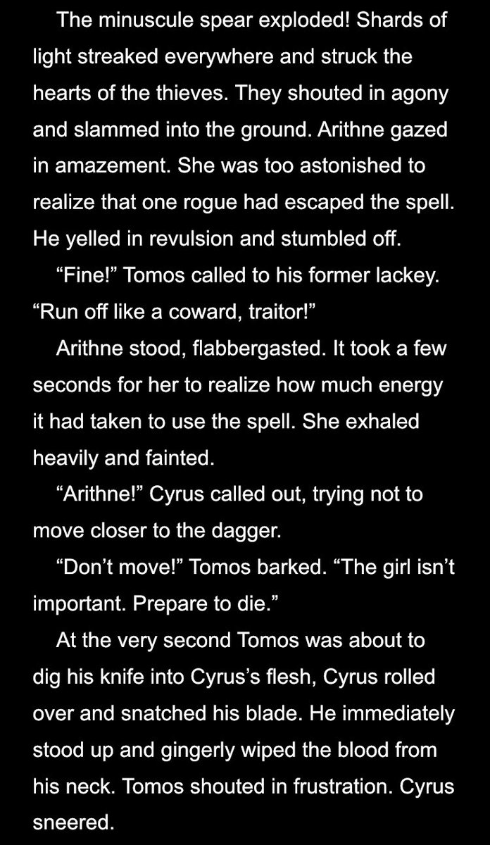 Annnnd our protagonist has officially just fucking killed several people, I guess. Forgot how okay with murder this story was, but you know, all the fantasy stories I’d been reading were mainly about war and swordfights. Also: Cyrus can summon mini volcanoes. Good for you, pal.