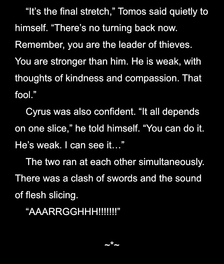 “Now the real battle begins!” -ends the scene less than a page later-I like to imagine a “swordsman stance” is just Link’s taunt pose in Super Smash Brothers 64.Anyway, this fight to the death? It was getting pretty serious. Serious enough for another cliffhanger oh shit!