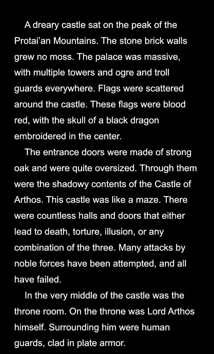 Ah yes, the main antagonist! He’s so evil that he has a tragic past, too! That tragic past being... spousal murder. What a cock. His description is super reminiscent of the influence that damn boy wizard book had on my creativity, before I knew The Implications (tm).