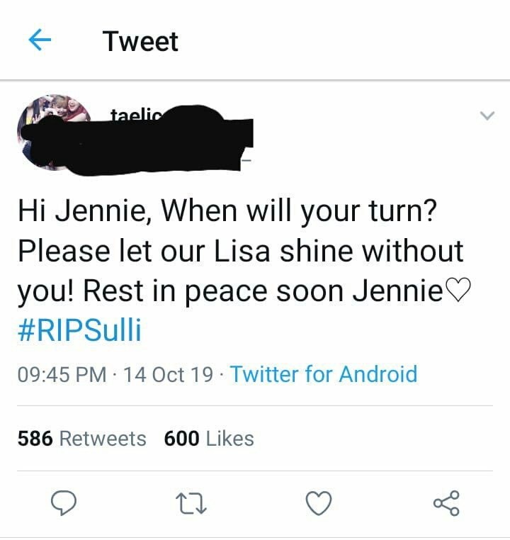 2,) Remember this JENNIETAL created a FAKE TWEET used someone's De*th and wish for her own bias d, just to make Lisa stans look bad.The OP got exposed so she decided to change her @ many times to hide.Her edited tweet reached weibo, the reason lisa got dragged by c-jennietals