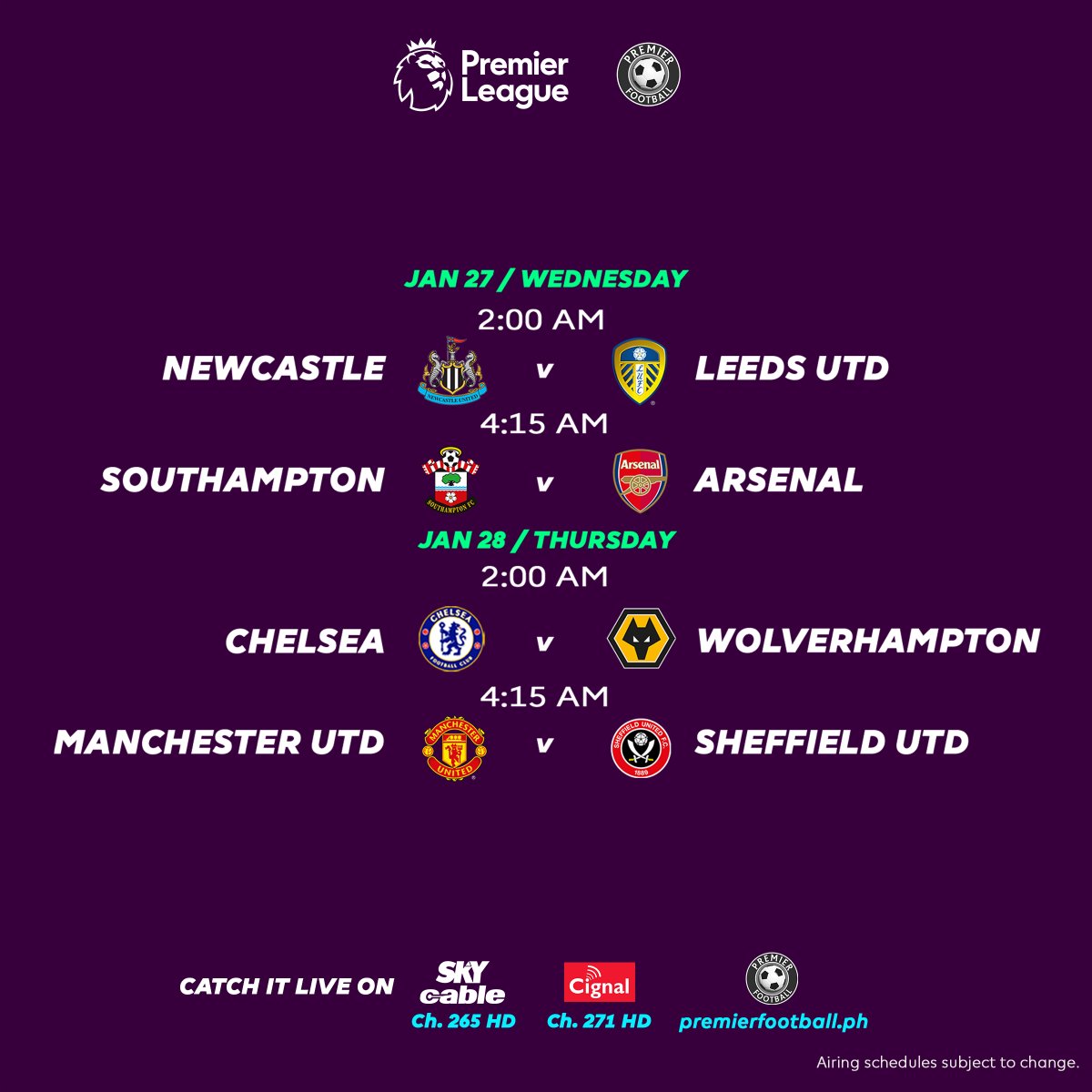 PremierFBPH's tweet photo. Here are MD20's matches this week.
Catch all 4 matches LIVE only on Premier Football.
#PLonPF #WeAreOneTeam https://t.co/R1XqOOHFMV