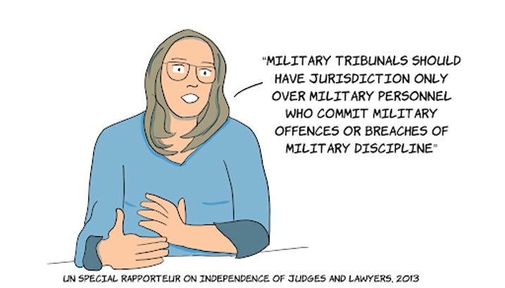 International human rights standards say that military courts should not be used in cases of human rights violations.  https://undocs.org/A/68/285 