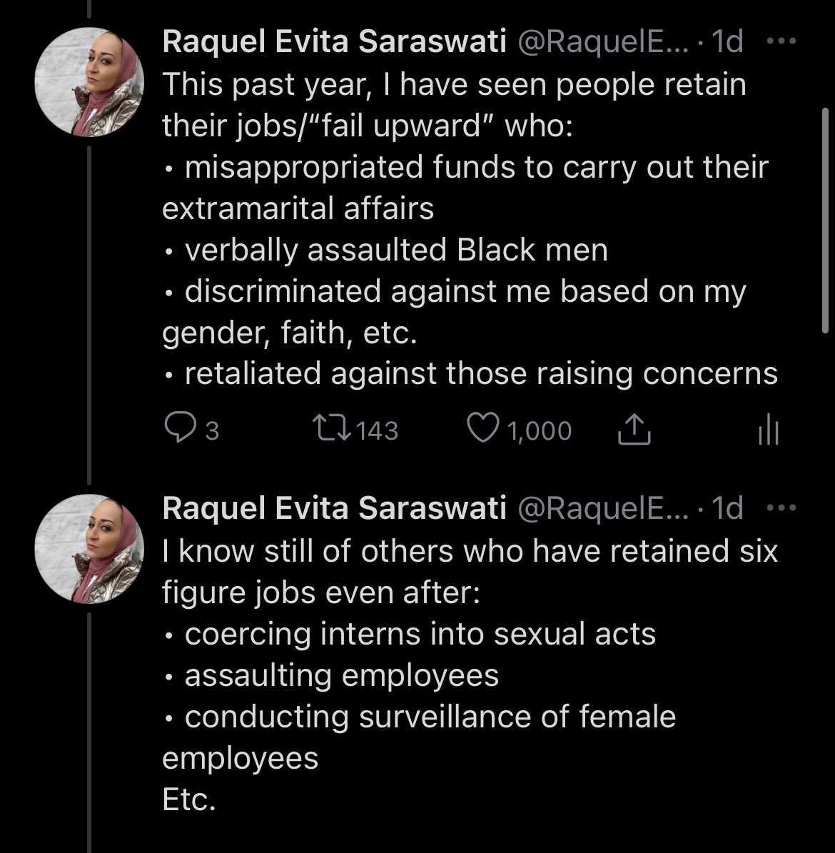 A lot of partisan screaming in my mentions. Let’s be clear: this, to me, is not actually such a partisan issue.The incidents I referenced (excerpted below) happened in both liberal and conservative environments. Liberals who post Black Lives Matter carry out racist firings too.