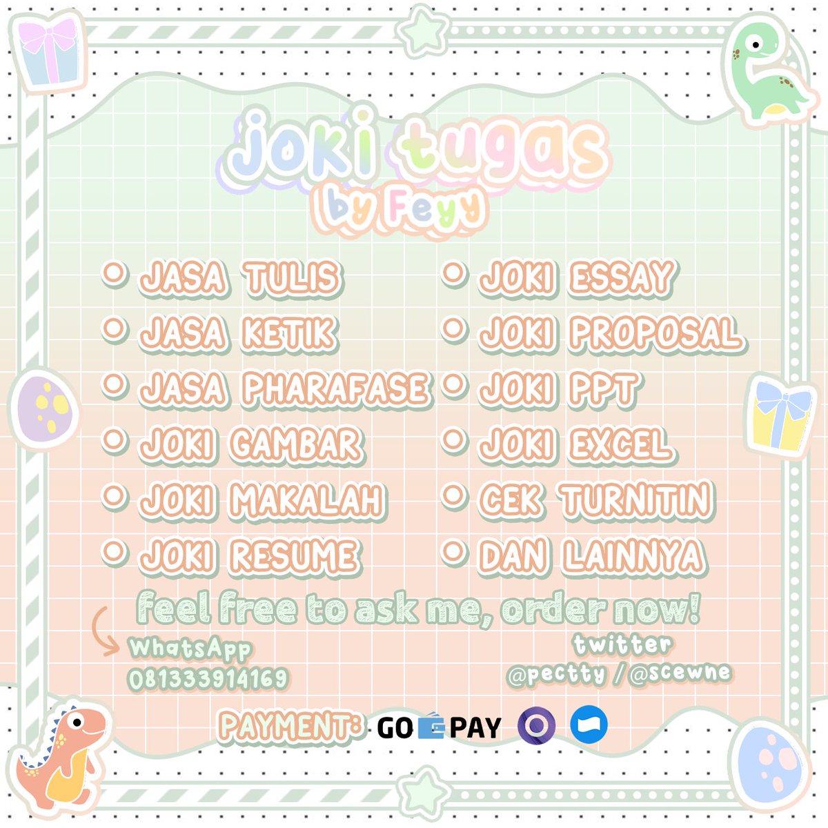 pectty's tweet image. ˗ˏ✎ . . ninu—ninu! 
hai ! aku open joki tugas nih, buat kamu yang lagi bingung gimana nyeleseinnya 😰 dm/wa detailnya aja yuk ! fee aku bisikin 😋 cpatt order !

#jokitugas #jokimakalah #jokippt #jokiessay #zonaba #zonaduit #zonajajan  #joki #joktug