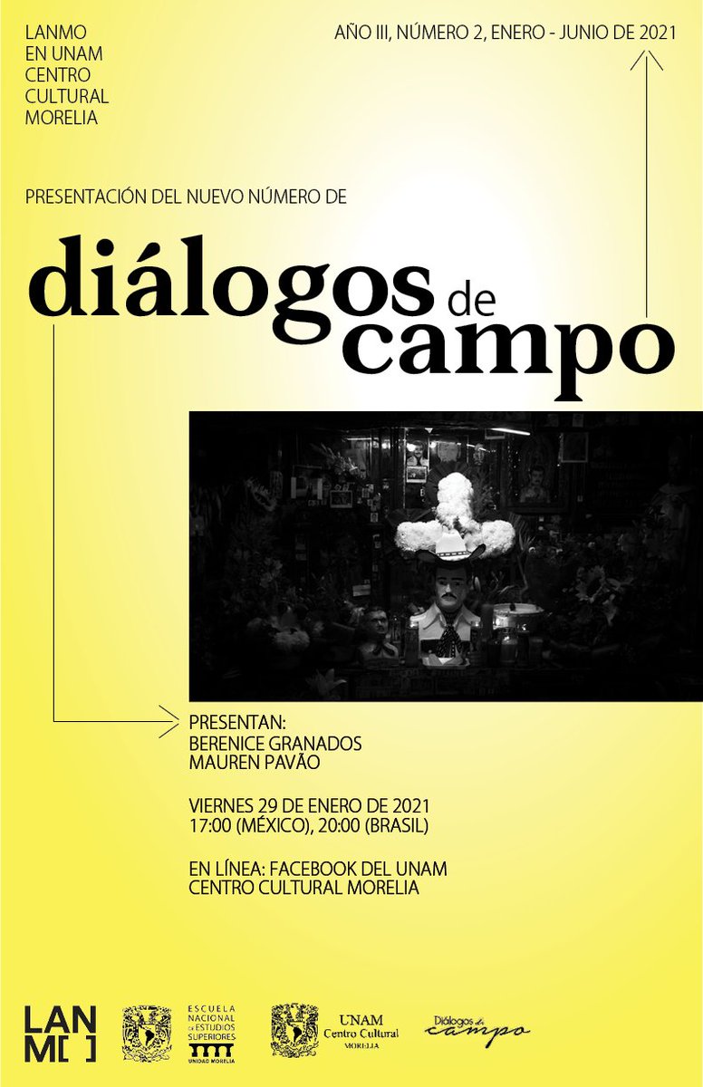 lanmo_mx's tweet photo. Viernes 29, 17:00 hrs
Presentación de la #Revista #DiálogosdeCampo #LiteraturaOral #oralidad #MaterialesOrales #RevistaAcadémica
#LANMO @ENESMoreliaUNAM @C_CulturaUNAM https://t.co/f2FdUXTt8C