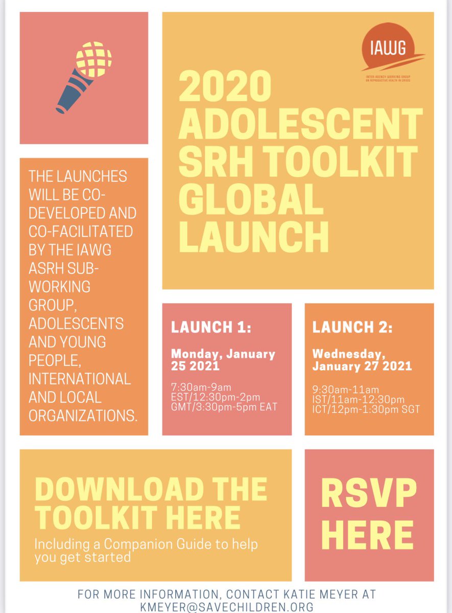 <a href="/IAWG_RH/">Inter-Agency Working Group, #ReproHealth in Crises</a> is hosting the Launch of the Adolescent SRH toolkit- be a part of it!! Our very own <a href="/AudreyN7/">AudreyC</a> will be moderating one of the sessions.
#youngpeople #srh <a href="/WHO_Zimbabwe/">WHO Zimbabwe</a> <a href="/CARE/">CARE (care.org)</a> <a href="/ChandraMouliWHO/">Dr Venkatraman Chandra-Mouli (Chandra)</a> 
Register below ;

docs.google.com/forms/d/e/1FAI…