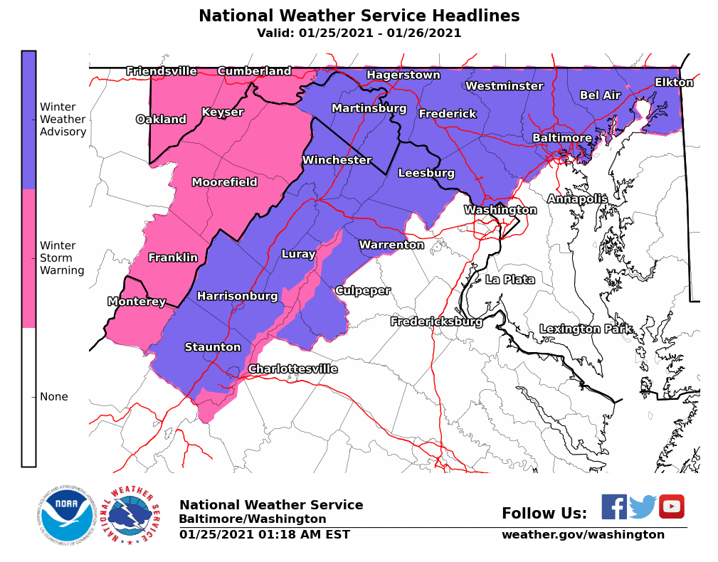 NWS_BaltWash's tweet photo. Winter Storm Warnings and Winter Weather Advisories are now in effect this afternoon and tonight for the shaded areas. Check https://t.co/5RyZgoXicj for the latest details on this snowy and icy day and night ahead. https://t.co/NdLDIlUkZL