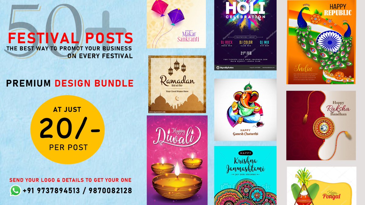 Growing your brand awareness by Social media post of festival, national and International days and engage more people with your business at just 20/- Per post.
➡️ 50+ HD and Creative Design
Send your logo &amp; contact detail and get your own bundle
Contact no:-9737894513