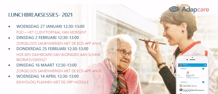 Adapcare's tweet photo. Ook dit jaar zijn we gestart met een nieuwe reeks lunchbreaksessies over actuele thema’s met live demo’s van onze applicaties. Wees er op tijd bij en schrijf je in via https://t.co/uDGb9qPVEn
#Webinar #Lunchbreaksessies https://t.co/jPmhk5pXeS