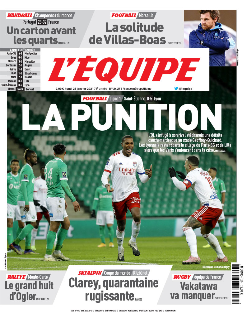lequipe's tweet photo. Voici les unes du journal L'Équipe du lundi 25 janvier, disponible dans vos kiosques et en numérique : https://t.co/0lX2il74kT https://t.co/VWW78FPOxb