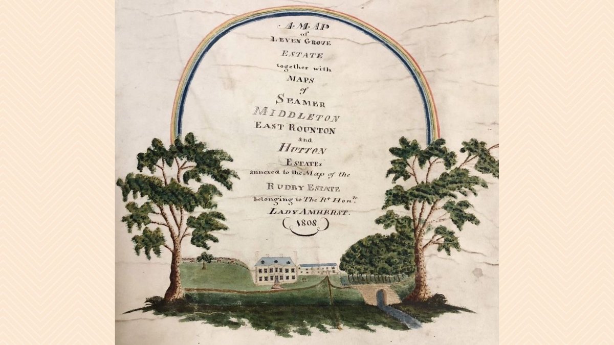nyccarchives's tweet photo. A beautiful depiction of Leven Grove (later Rudby Hall), decorating the #Rudby estate survey maps of 1808, commissioned by Lady (Dowager) Amherst (Ref ZNT) #MapMonday https://t.co/8zLstgbQSF