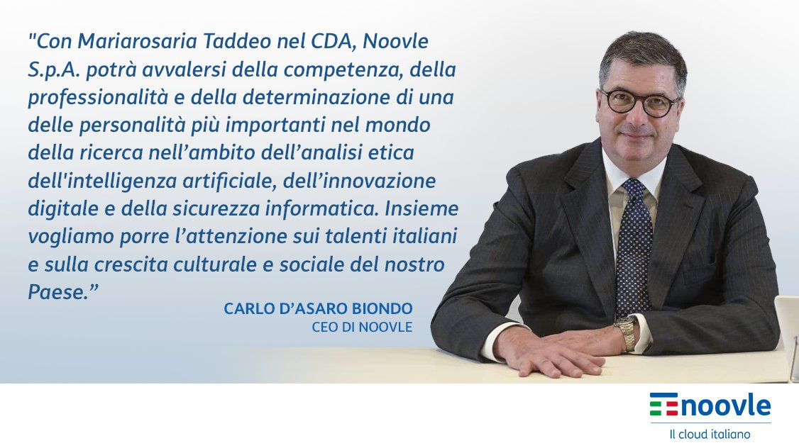 Noovle (@noovle_spa) on Twitter photo “Sono lieto di annunciare l’ingresso di Mariarosaria Taddeo nel CDA di #Noovle S.p.A. in qualità di Presidente. Una persona che conosco da tempo e che stimo profondamente” <a href="/carlodasaro/">carlo d'asaro biondo.</a> CEO di Noovle “Sono lieto di annunciare l’ingresso di Mariarosaria Taddeo nel CDA di #Noovle S.p.A. in qualità di Presidente. Una persona che conosco da tempo e che stimo profondamente” <a href="/carlodasaro/">carlo d'asaro biondo.</a> CEO di Noovle