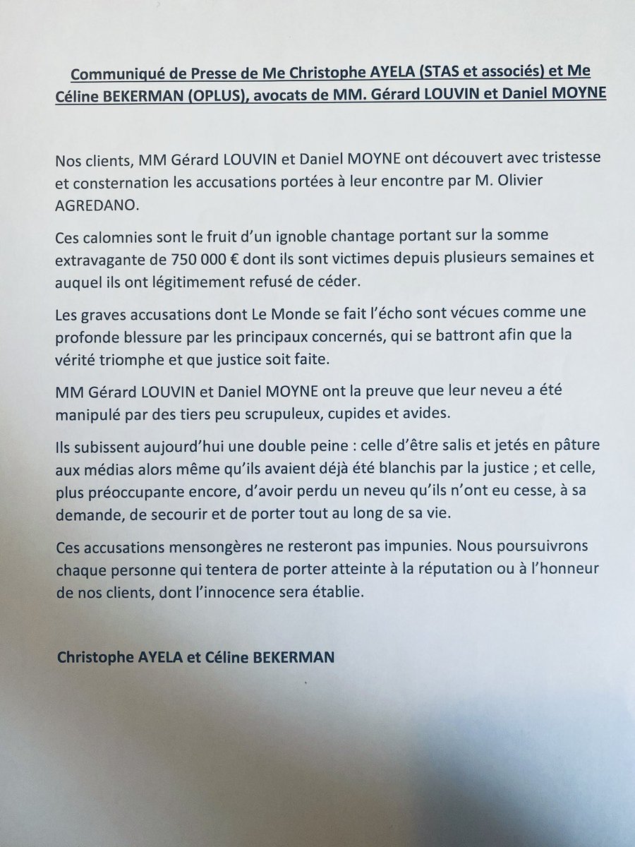 Communiqué de presse .Merci à tous les soutiens de mes amis et pour les autres , attention à la diffamation sans rien savoir .merci !