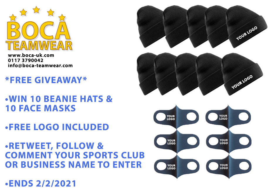 ****FREE GIVEAWAY****

WIN 10 BEANIE HATS &amp; 10 FACE MASKS WITH YOUR LOGO INCLUDED!

RETWEET, FOLLOW AND COMMENT YOUR SPORTS CLUB OR BUSINESS NAME TO ENTER!

ENDS 2/2/2021