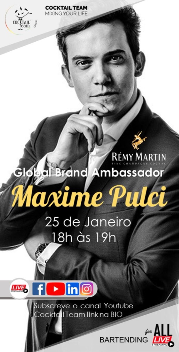 Hoje às 18h em direto nas redes sociais da Cocktail Team* com Embaixador internacional do Cognac Remy Martin Maxime Pulci.

Subscreve o Canal YouTube Cocktail Team 
*youtube.com/CocktailTeamvi…