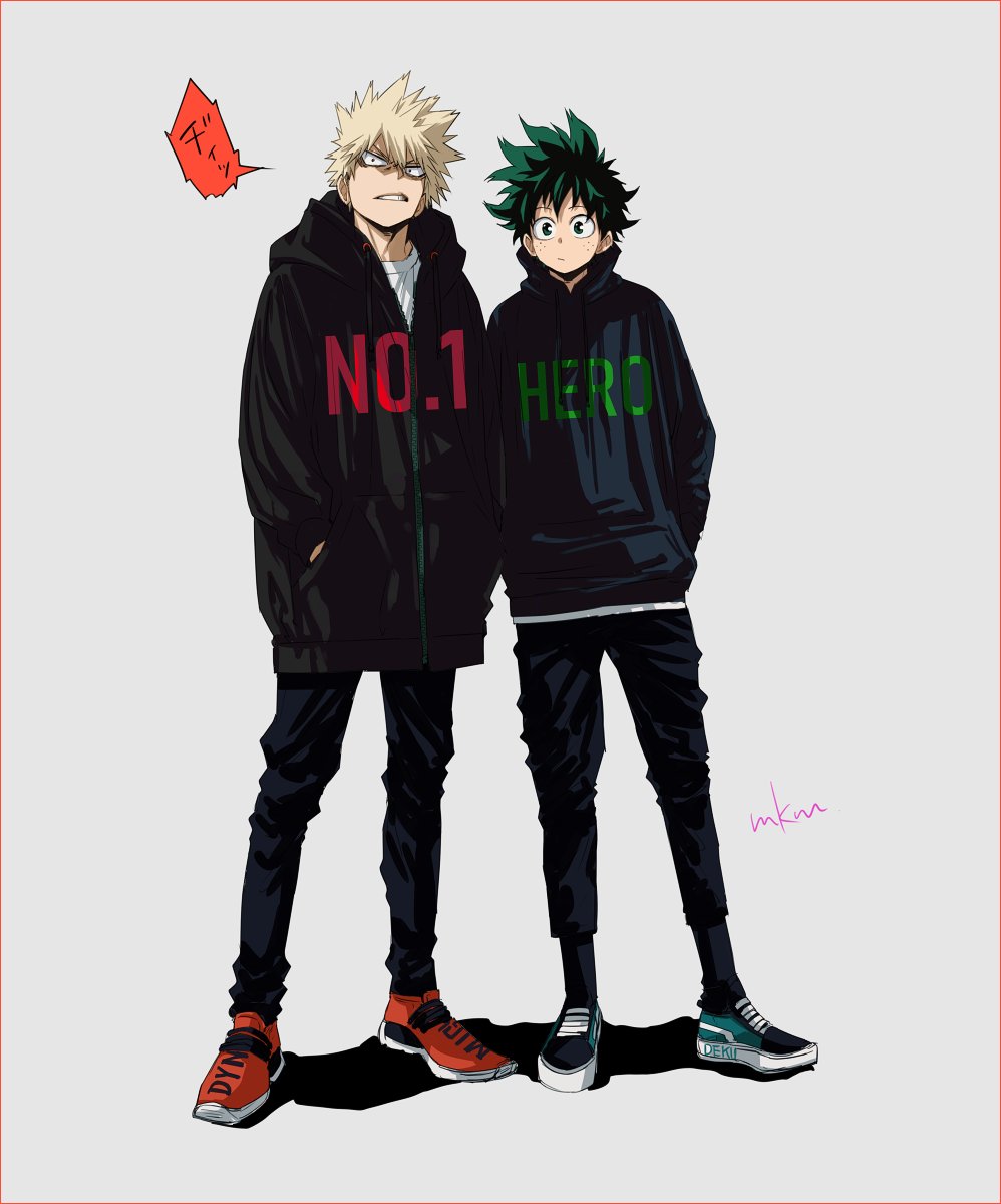 bakugou katsuki ,midoriya izuku multiple boys 2boys male focus green hair spiked hair blonde hair hands in pockets  illustration images