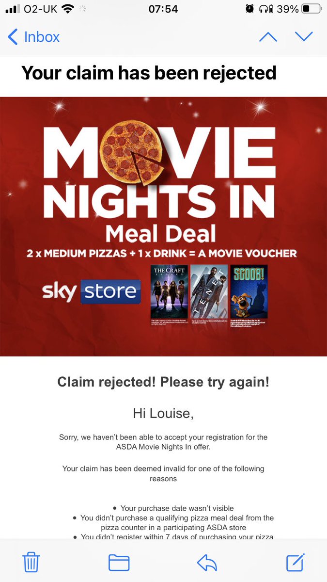 Loopylou455000's tweet photo. @AsdaServiceTeam we brought a pizza meal deal in your Filton store, applied for the movie voucher and our application has been rejected. Could you please tell me why? https://t.co/8PpLjdf1gR