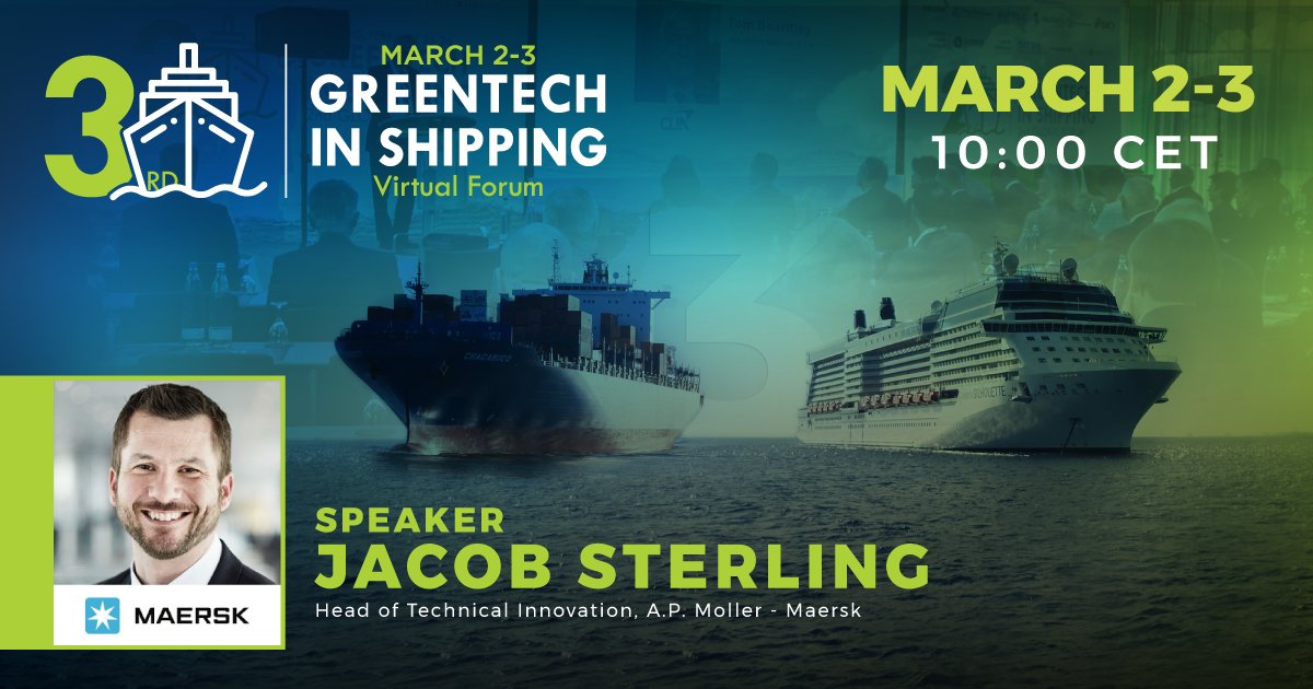 Maersk's tweet photo. Join us at the Greentech in Shipping Virtual Forum. Jacob Sterling - Head of Technical Innovation at A.P. Moller - Maersk, is one of the guest speakers. Learn more about the future of shipping &amp; latest innovations. Register: https://t.co/UY8hzJXVww
#Maersk #Sustainableshipping https://t.co/fyaNofkBRx