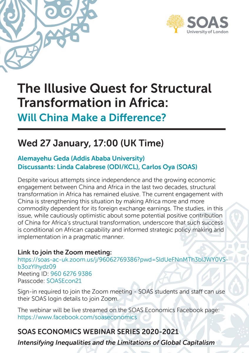 💥THIS WEEK! 
We're honoured to host Prof Alemayehu Geda @alemayehuGeda for a talk on 
✨The illusive quest for structural transformation in #Africa: Will #China make a difference?, in conversation with @lindacalab (@ODIdev @KingsCollegeLon) & @estariade (@SOASDevelopment)