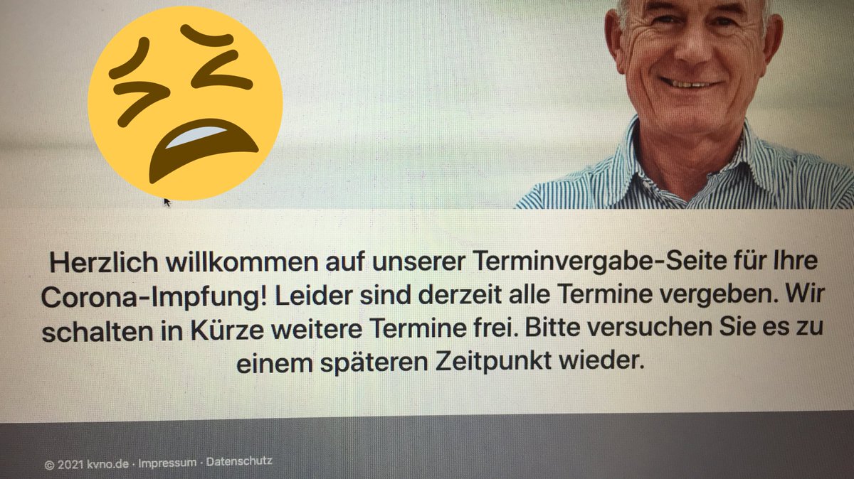 #Impftermin für meine 82-jährige Oma vereinbaren, Mission impossible: Ich verstehe ja vielleicht noch, dass Server und Kapazitäten überlasten, wenn alle gleichzeitig versuchen, zu buchen. Aber hätte man das nicht vorhersehen können <a href="/MAGS_NRW/">MAGS NRW</a> <a href="/kvno_aktuell/">KV Nordrhein</a> ???! 😤