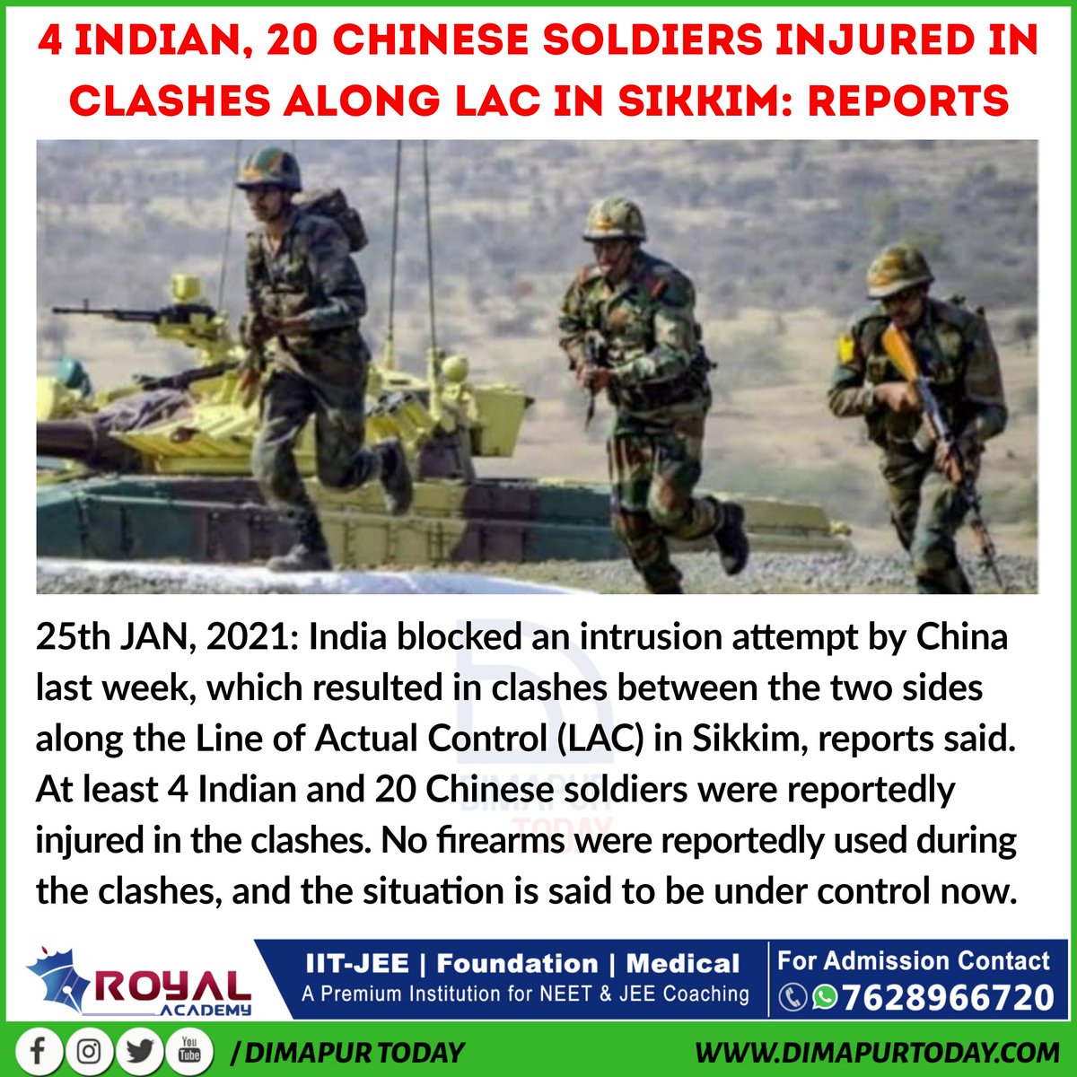 dimapurtoday's tweet photo. 4 Indian, 20 Chinese soldiers injured in clashes along LAC in Sikkim: Reports
#NewsUpdate #DimapurToday https://t.co/B8aBB8grVi