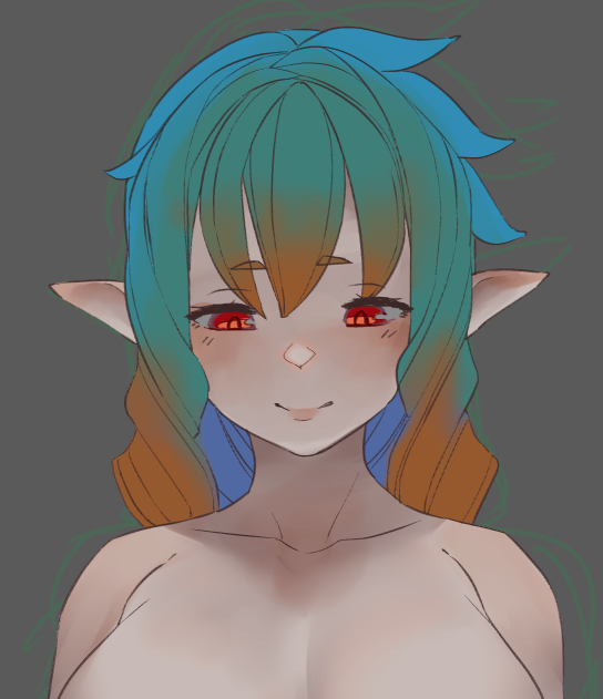 進捗(`、3_ヽ)_ 昔描いたキャラだけに髪色が面白い 